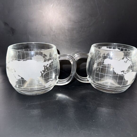 Vintage 1970’s  NESCAFE Glass World Globe Mugs/Cups Set Of 2 - Picture 2 of 4